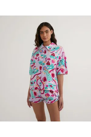 Love & Toast Pijama Americano em Viscose com Estampa de Corações e Elementos Variados