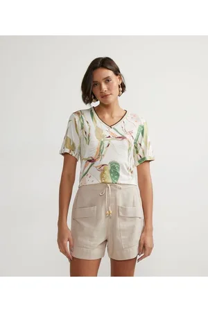 Marfinno Blusa Manga Curta em Viscose com Estampa de Folhagem