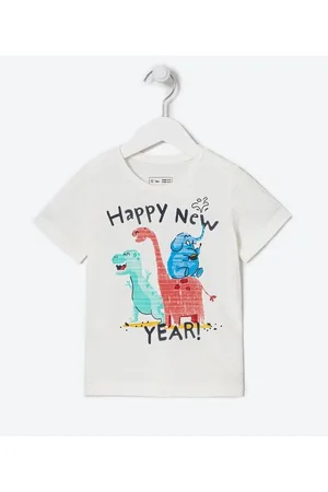 Póim (1 a 5 anos) Camiseta Infantil em Algodão com Estampa Amigos Bichos "Happy New Year" - Tam 1 a 5 anos