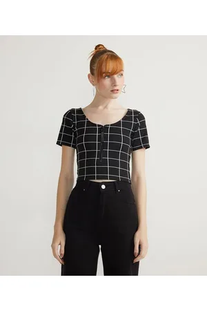 Blue Steel Blusa Cropped em Jacquard Quadriculado com Decote Canoa e Zíper na Frente