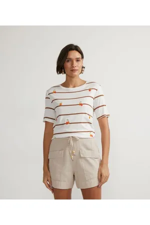 Marfinno Blusa Manga Curta em Viscose Listrada com Bordado de Pitangas