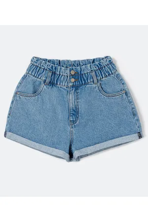 Blue Steel Short Mom Jeans com Elástico no Cós e Barra Dobrada