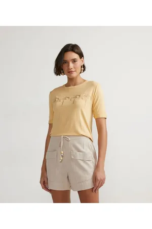 Marfinno Blusa Manga Curta em Viscose com Bordado de Coqueiros