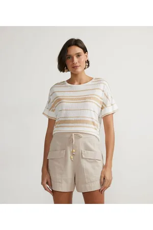 Marfinno Blusa Manga Curta em Viscose Listrada com Entremeio nos Ombros