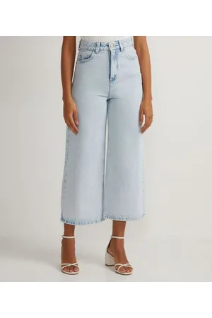 Marfinno Calça Pantacourt em Jeans com Cintura Alta e Sem Estampa