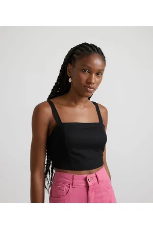 Blue Steel Blusa Regata Cropped em Viscolinho com Decote Quadrado