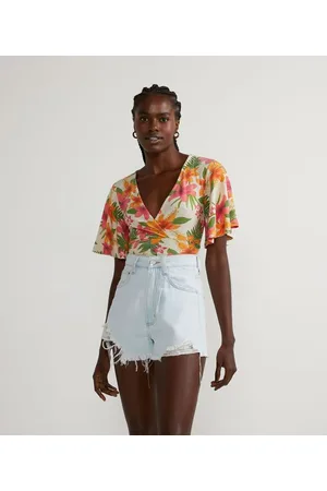 Blue Steel Blusa Cropped em Ribana com Estampa Floral e Decote Transpassado