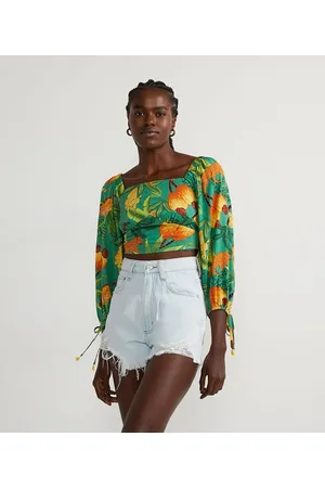 Blue Steel Blusa Cropped em Viscose com Manga 7/8 e Estampa Tropical