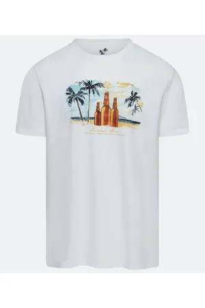 Marfinno Camiseta Manga Curta em Algodão com Estampa Praia e Garrafas