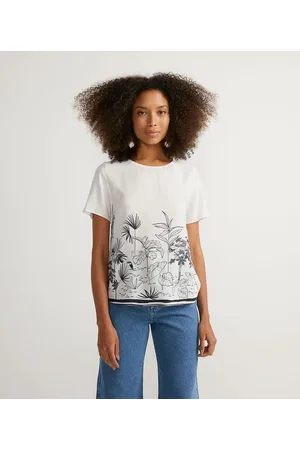 Marfinno Blusa Manga Curta em Viscose com Estampa de Folhagem