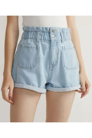 Blue Steel Short Mom Jeans com Elástico no Cós e Bolsos
