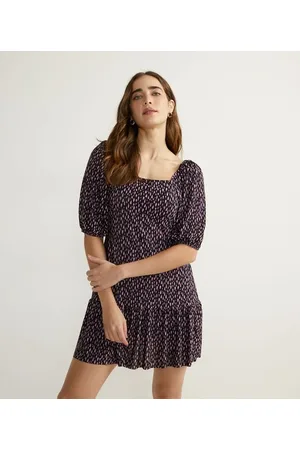 A-Collection Vestido Curto em Jersey Estampado com Manga Bufante e Babado na Barra