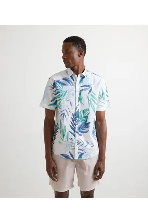 Marfinno Camisa Manga Curta em Linho Estampa Folhagens