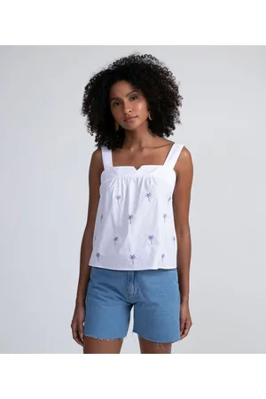 Marfinno Blusa Regata em Tricoline com Bordado de Coqueiros