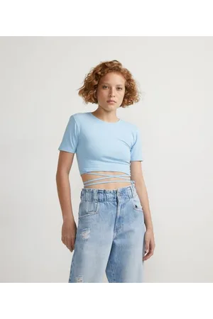 Blue Steel Blusa Cropped em Algodão com Amarração no Corpo