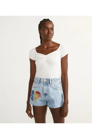 Blue Steel Blusa em Tricô Canelada com Decote Coração e Manga Curta