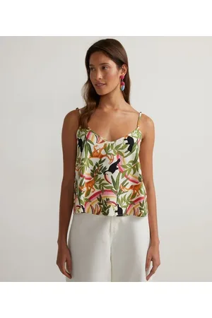 Blue Steel Blusa em Viscolinho com Estampa Selva e Alças Finas Reguláveis
