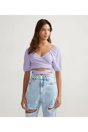 Blue Steel Blusa Cropped com Decote Transpassado e Amarração