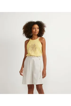Marfinno Blusa Regata em Viscose com Bordado de Coqueiro e Alça de Palha