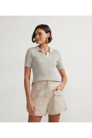 Marfinno Blusa em Tricô Canelado com Gola Polo e Manga Curta