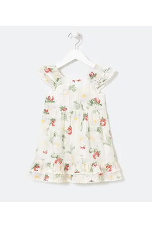 Póim (1 a 5 anos) Vestido Infantil Estampa Floral com Mini Pompons nas Barras - Tam 1 a 5 anos