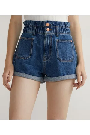 Blue Steel Short Clochard Jeans com Elástico na Cintura e Bolsos Diferenciados