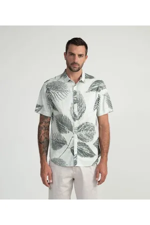 Marfinno Camisa Manga Curta em Linho com Estampa de Folhas Estilo Carimbo