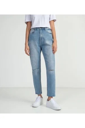 Blue Steel Calça Mom Jeans com Navalhados no Joelho e Barra a Fio