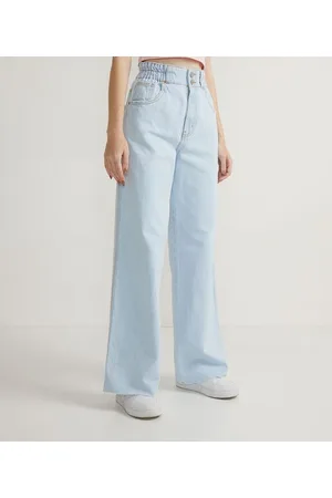 Blue Steel Calça Wide Leg Jeans com Elástico na Cintura e Corte a Fio na Barra