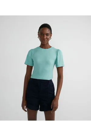 Marfinno Blusa em Ribana Canelada com Manga Curta Bufante