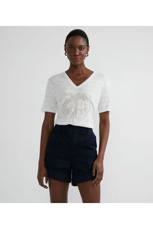 Marfinno Blusa Manga Curta em Viscose Listrada com Bordado de Coqueiros