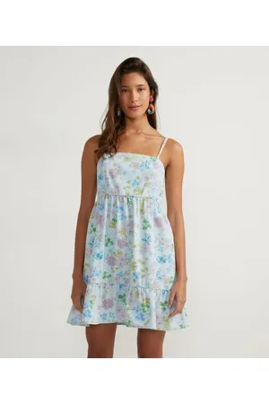 Blue Steel Vestido Curto Jeans com Alças Finas Reguláveis e Estampa Floral