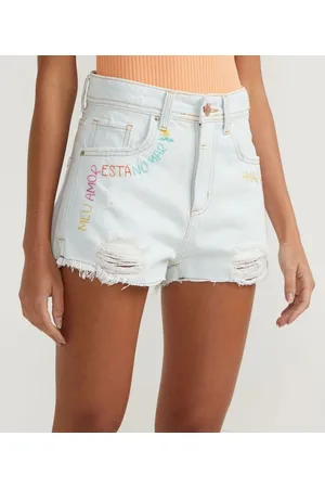 Blue Steel Short Cintura Alta em Jeans com Puídos e Bordado