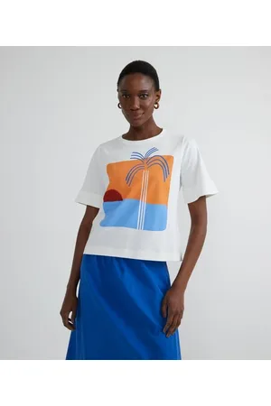 Marfinno Blusa em Algodão com Estampa Por do Sol e Pespontos nas Mangas