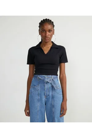 Blue Steel Blusa Cropped em Ribana com Gola Polo e Manga Curta