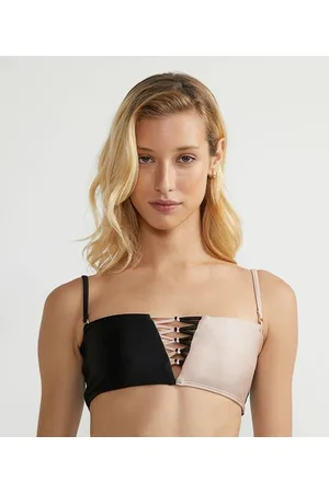 Bossa Nossa Biquíni Top Bandeau em Poliamida com Tiras no Decote e Recorte Color Block