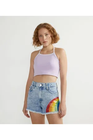 Blue Steel Blusa Cropped Frente Única em Cotton com e Viés Contrastante