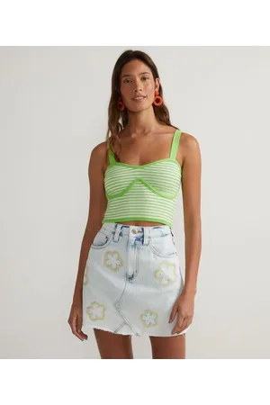 Blue Steel Blusa Regata Curta em Tricô Listrado com Busto Marcado