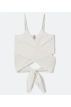 Blue Steel Blusa Cropped Transpassada em Laise com Amarração