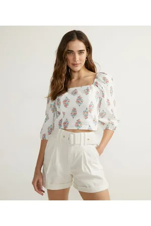 A-Collection Blusa Manga 3/4 em Tricoline com Estampa Floral