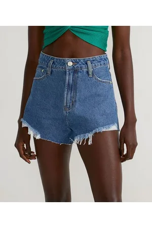 Blue Steel Short Cintura Alta Jeans com Puídos e Barra a Fio
