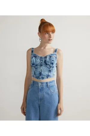 Blue Steel Blusa Cropped em Jeans e Barra com Ponta