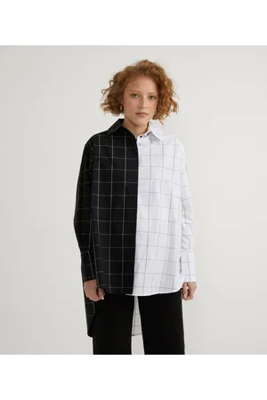 Blue Steel Camisa Alongada em Tricoline com Estampa Xadrez Grid Meio a Meio