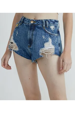 Blue Steel Short Jeans com Puídos e Barra Corte a Fio