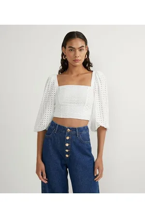 A-Collection Blusa Cropped em Laise Texturizada com Manga Bufante