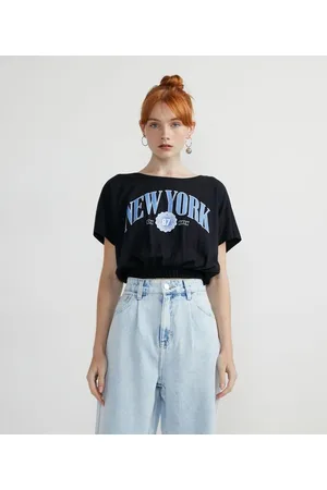 Blue Steel Blusa Cropped em Algodão com Estampa New York e Elástico na Barra