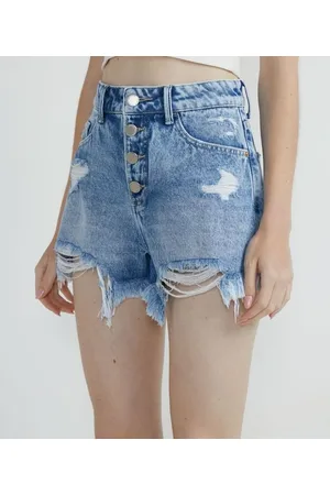 Blue Steel Short Cintura Alta Jeans com Puídos e Detalhe de Abacaxi