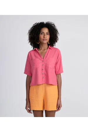 Marfinno Camisa Manga Curta em Viscolinho com Bolsos e Botões Contrastantes