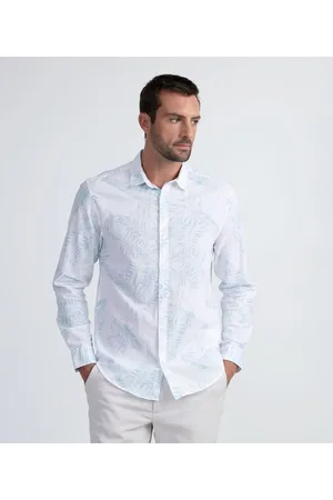Marfinno Camisa Manga Curta em Linho com Estampa de Folhagem