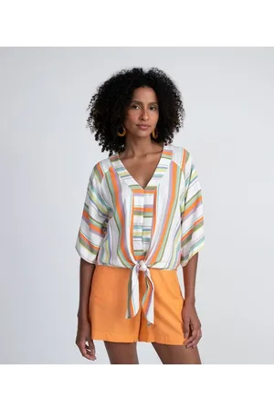 Marfinno Blusa em Viscolinho Listrada com Manga Ampla e Amarração na Barra